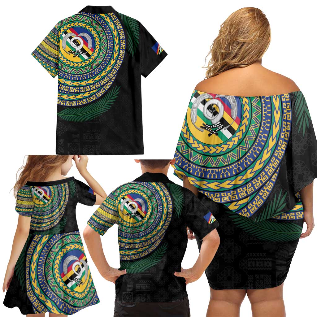 Torba Tribal Tattoo with Namele Leaves Family Matching Off Shoulder Short Dress and Hawaiian Shirt