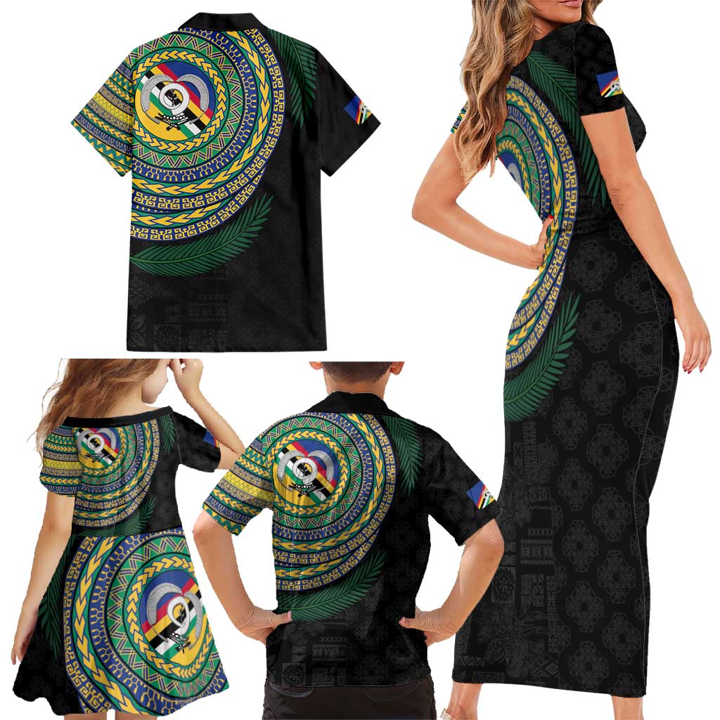 Torba Tribal Tattoo with Namele Leaves Family Matching Short Sleeve Bodycon Dress and Hawaiian Shirt
