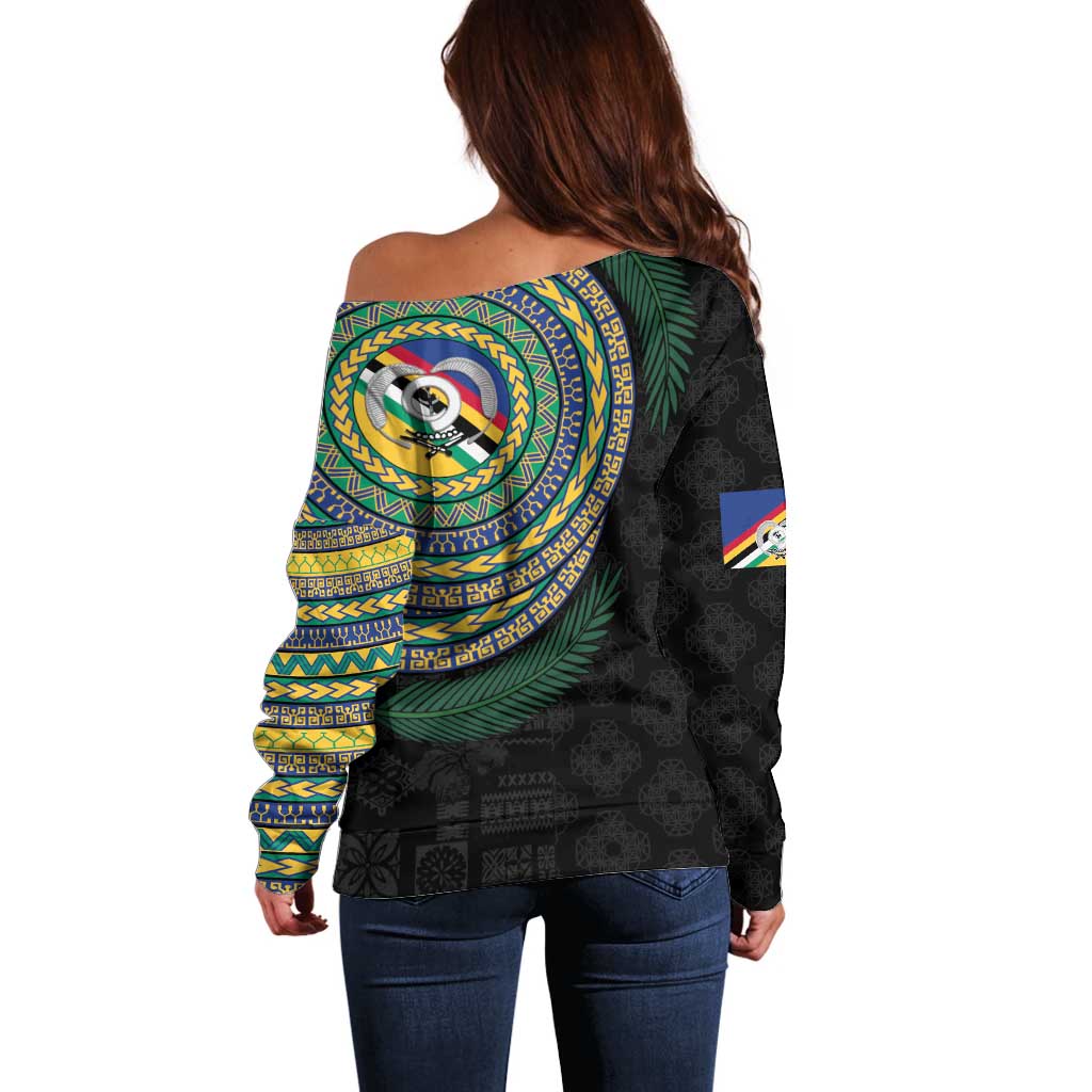 Torba Tribal Tattoo with Namele Leaves Off Shoulder Sweater