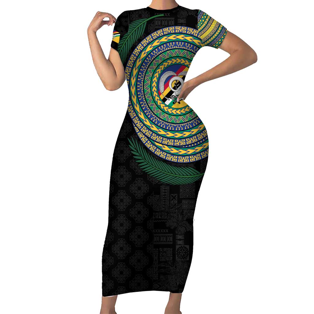 Torba Tribal Tattoo with Namele Leaves Short Sleeve Bodycon Dress