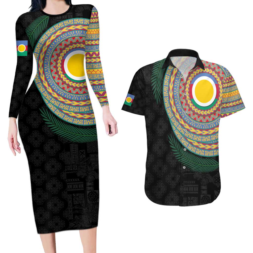 Shefa Tribal Tattoo with Namele Leaves Couples Matching Long Sleeve Bodycon Dress and Hawaiian Shirt