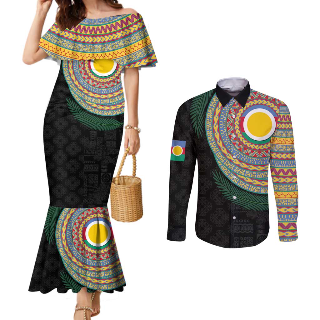 Shefa Tribal Tattoo with Namele Leaves Couples Matching Mermaid Dress and Long Sleeve Button Shirt LT03 Black - Polynesian Pride