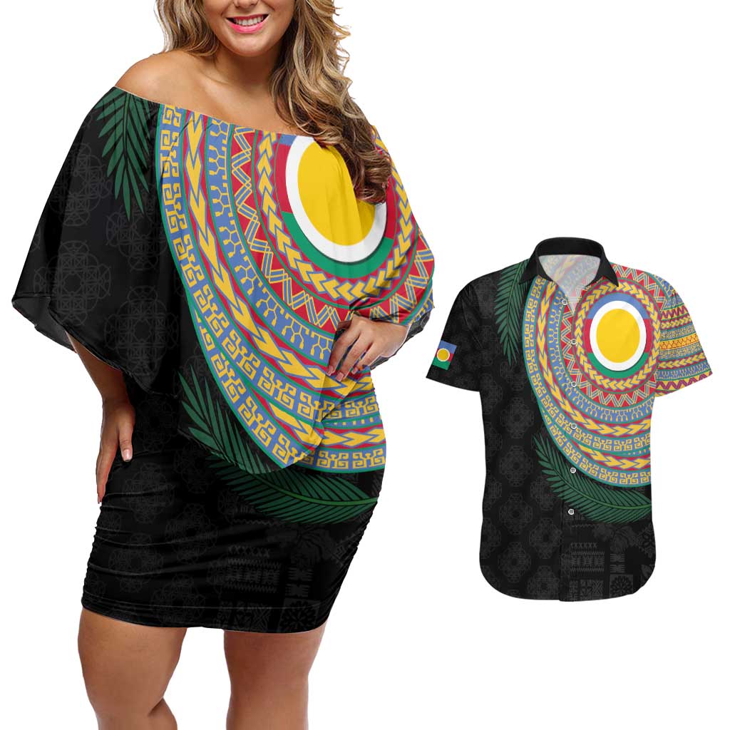 Shefa Tribal Tattoo with Namele Leaves Couples Matching Off Shoulder Short Dress and Hawaiian Shirt