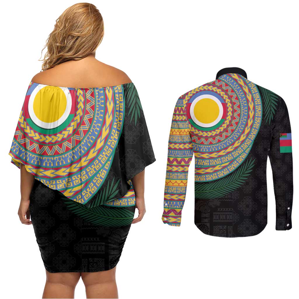 Shefa Tribal Tattoo with Namele Leaves Couples Matching Off Shoulder Short Dress and Long Sleeve Button Shirt LT03 - Polynesian Pride