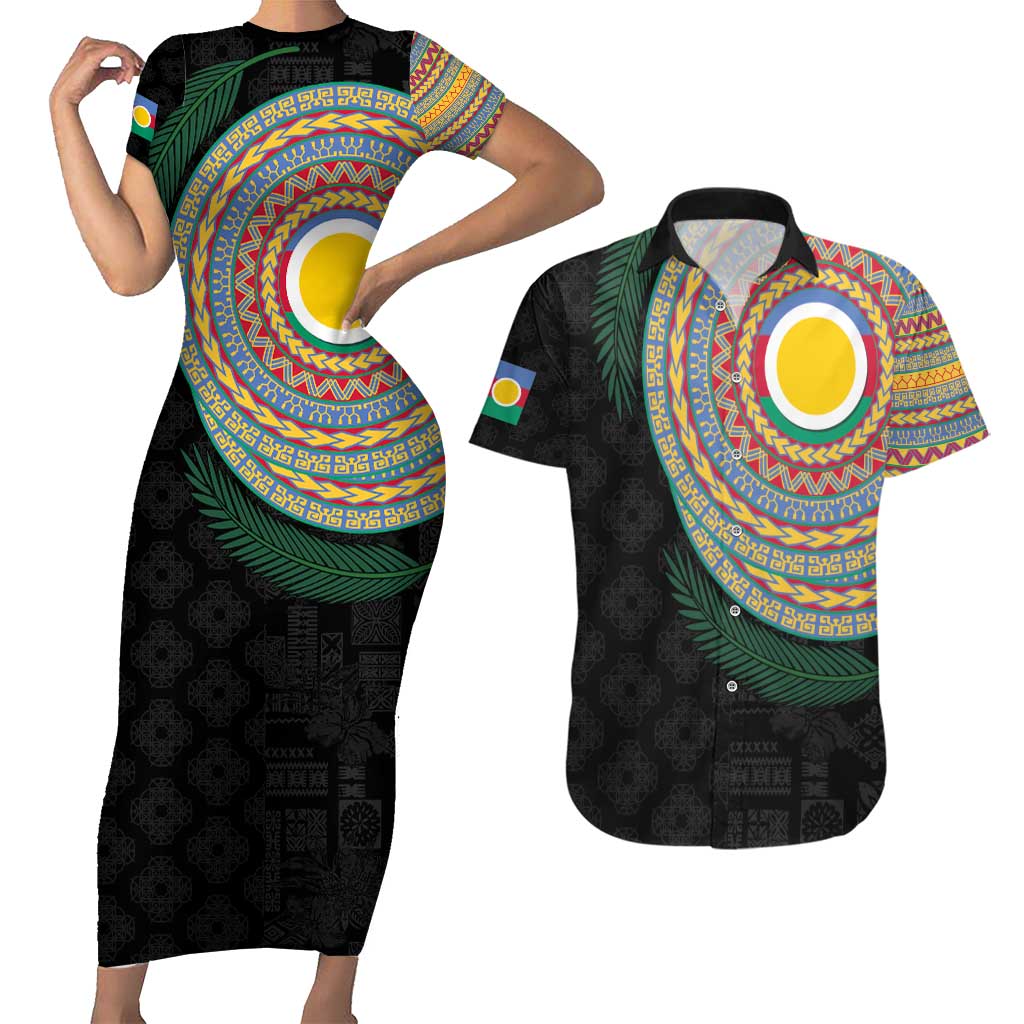 Shefa Tribal Tattoo with Namele Leaves Couples Matching Short Sleeve Bodycon Dress and Hawaiian Shirt