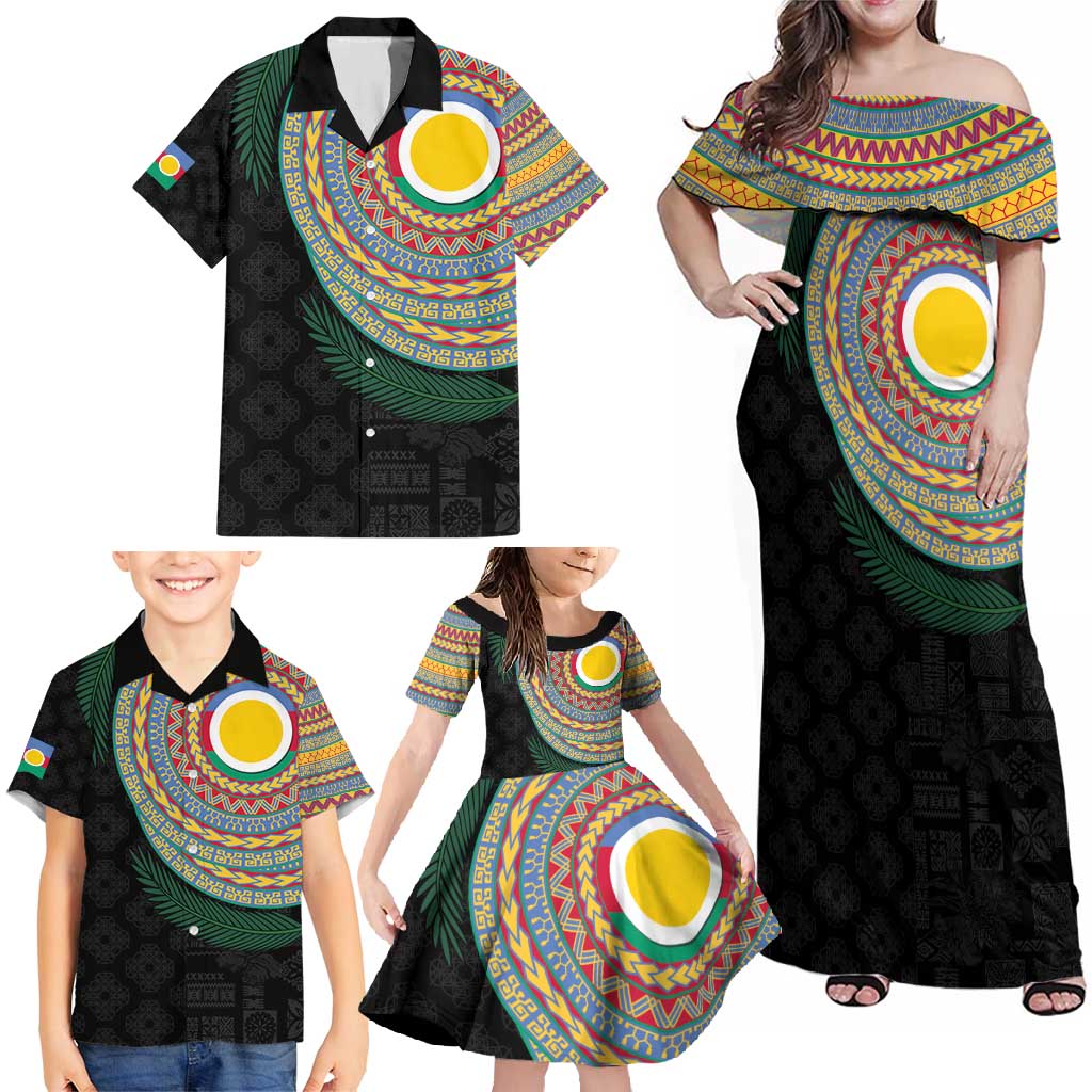 Shefa Tribal Tattoo with Namele Leaves Family Matching Off Shoulder Maxi Dress and Hawaiian Shirt