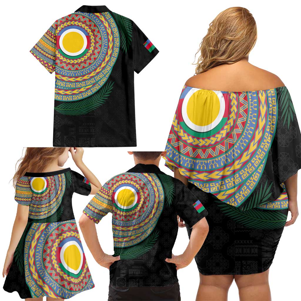 Shefa Tribal Tattoo with Namele Leaves Family Matching Off Shoulder Short Dress and Hawaiian Shirt