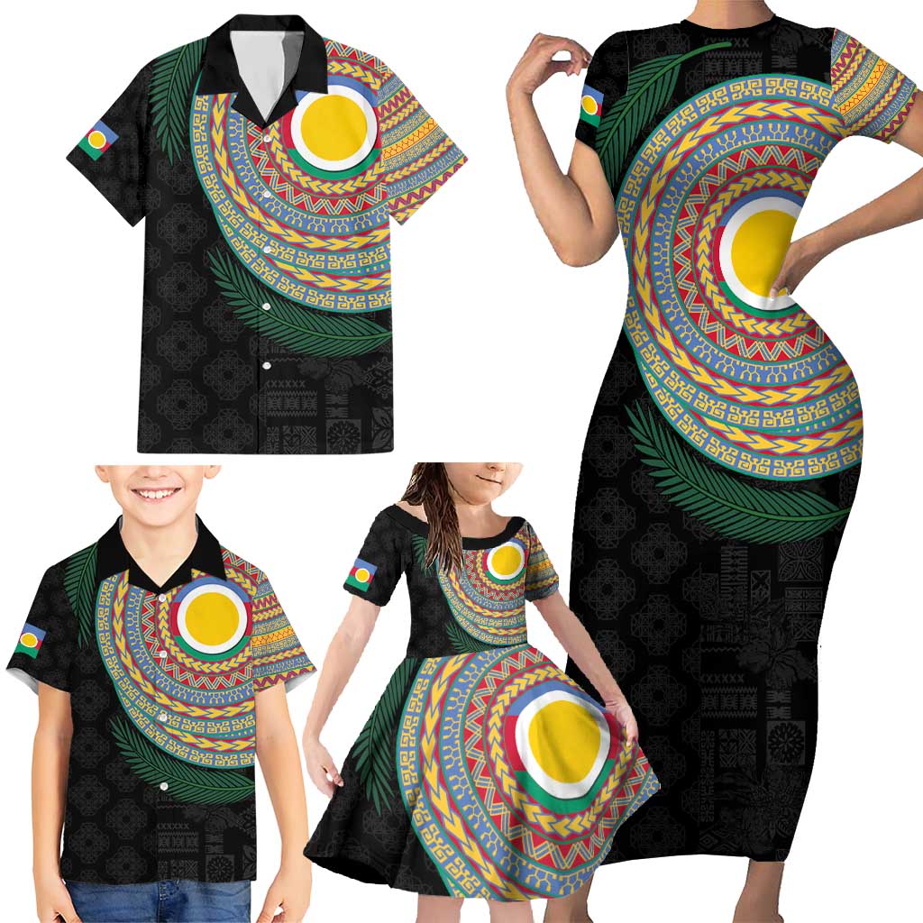 Shefa Tribal Tattoo with Namele Leaves Family Matching Short Sleeve Bodycon Dress and Hawaiian Shirt