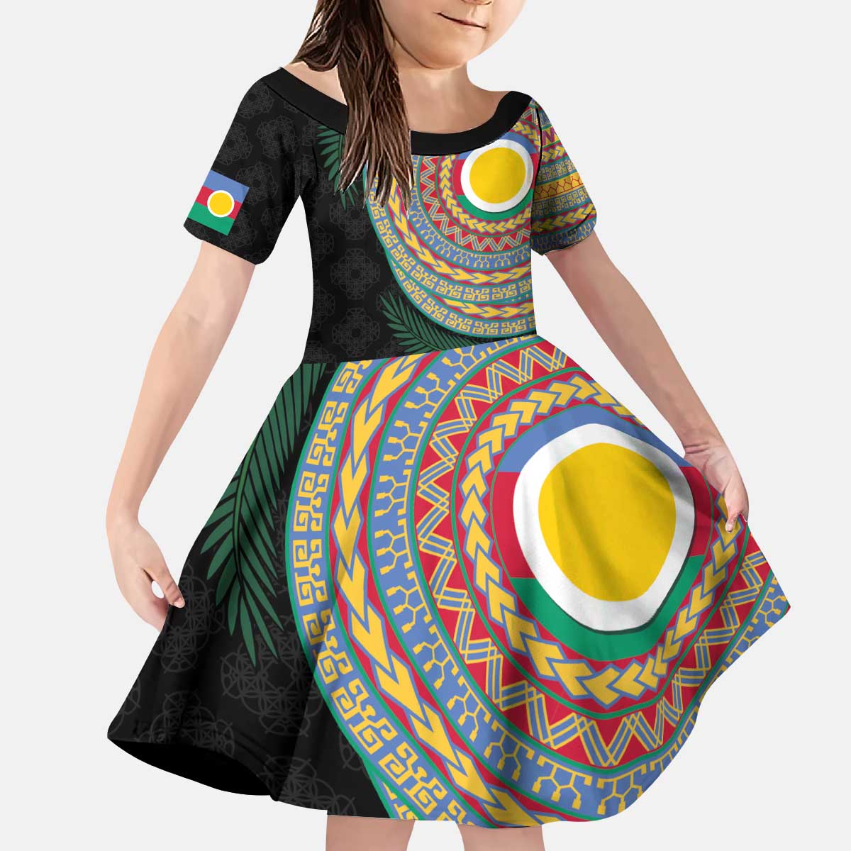Shefa Tribal Tattoo with Namele Leaves Kid Short Sleeve Dress LT03 KID Black - Polynesian Pride