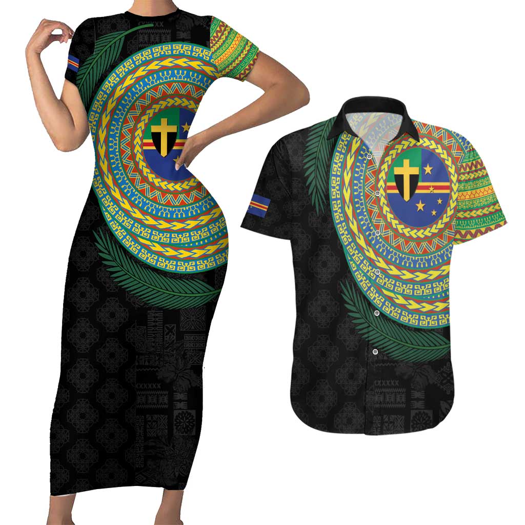 Tafea Tribal Tattoo with Namele Leaves Couples Matching Short Sleeve Bodycon Dress and Hawaiian Shirt