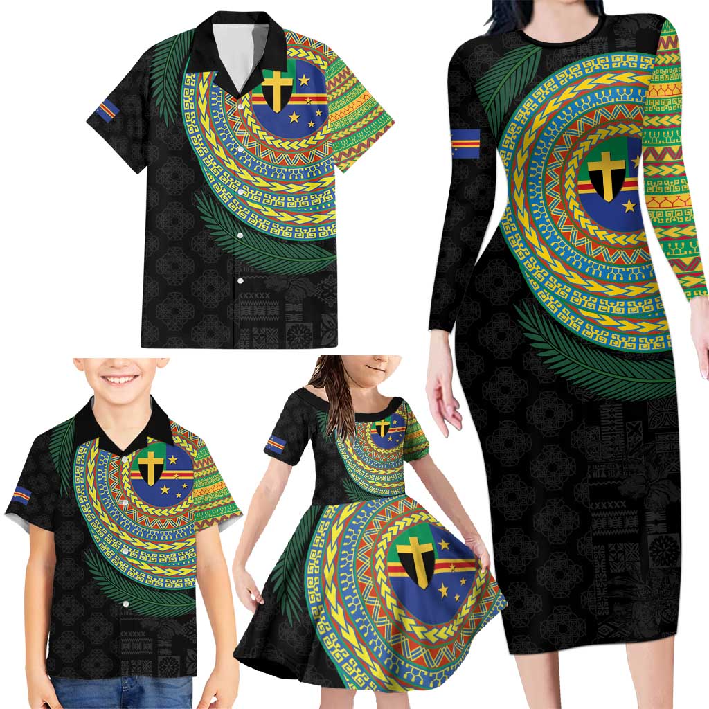 Tafea Tribal Tattoo with Namele Leaves Family Matching Long Sleeve Bodycon Dress and Hawaiian Shirt