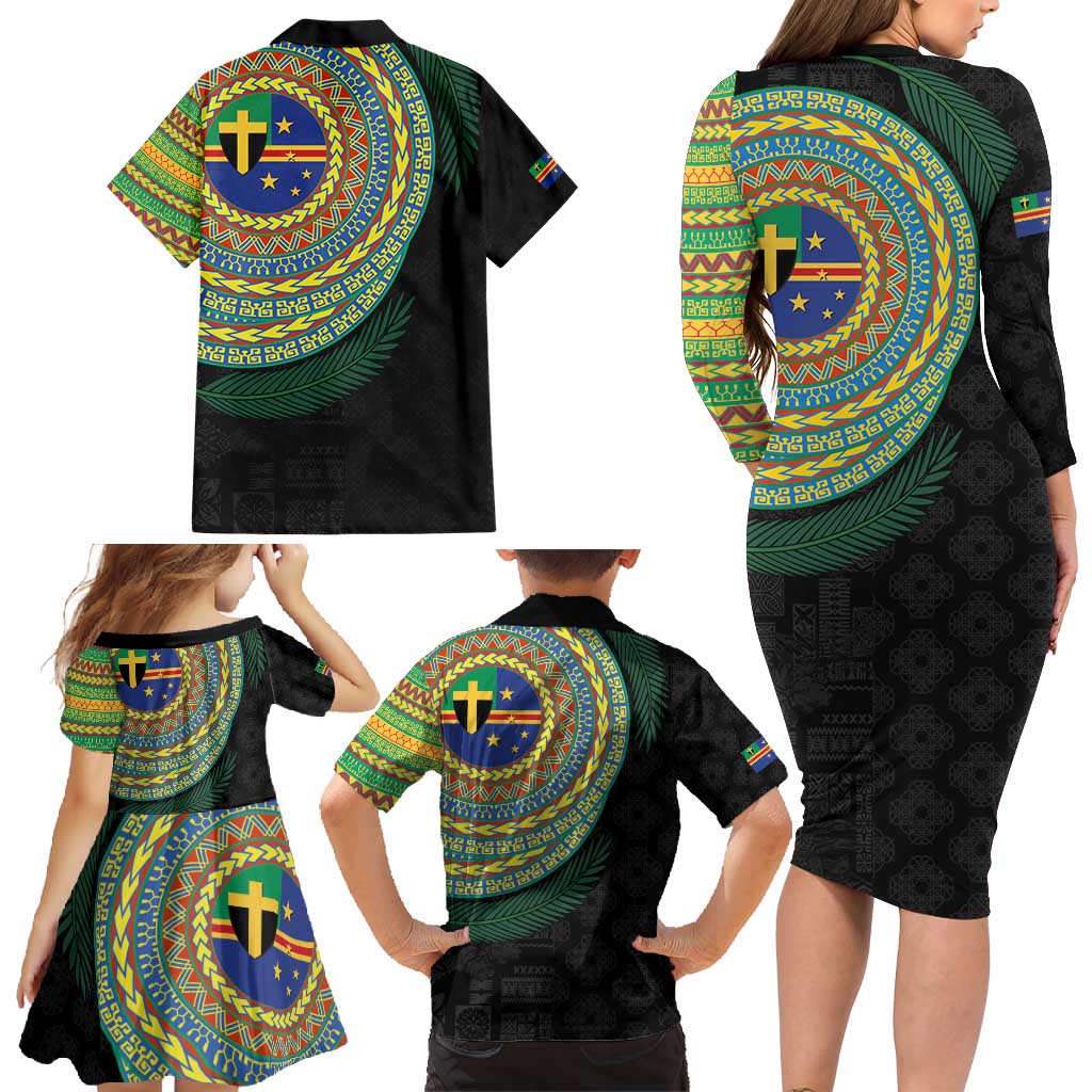 Tafea Tribal Tattoo with Namele Leaves Family Matching Long Sleeve Bodycon Dress and Hawaiian Shirt