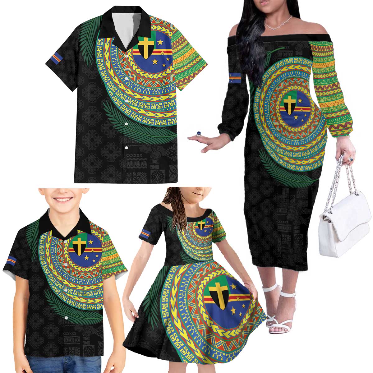 Tafea Tribal Tattoo with Namele Leaves Family Matching Off The Shoulder Long Sleeve Dress and Hawaiian Shirt