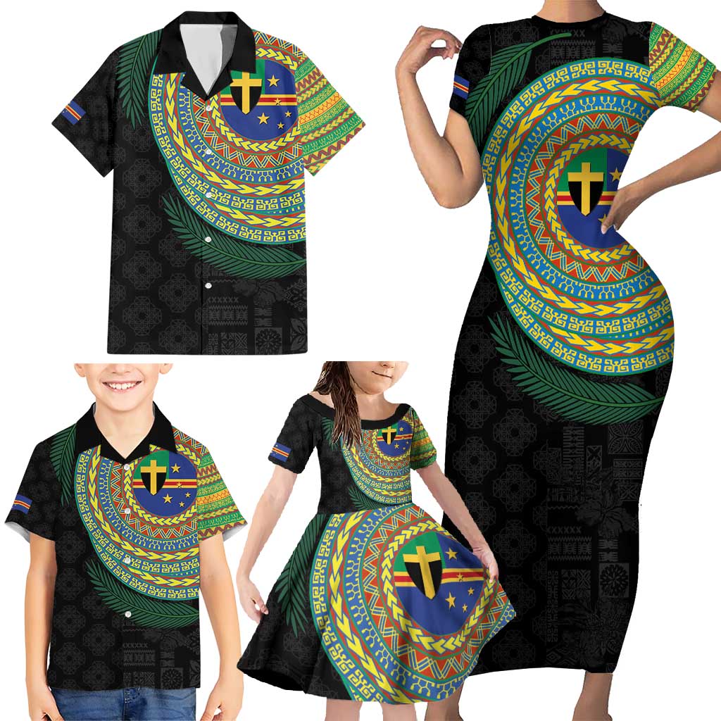 Tafea Tribal Tattoo with Namele Leaves Family Matching Short Sleeve Bodycon Dress and Hawaiian Shirt