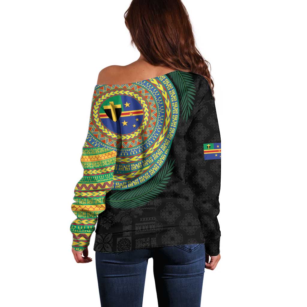 Tafea Tribal Tattoo with Namele Leaves Off Shoulder Sweater