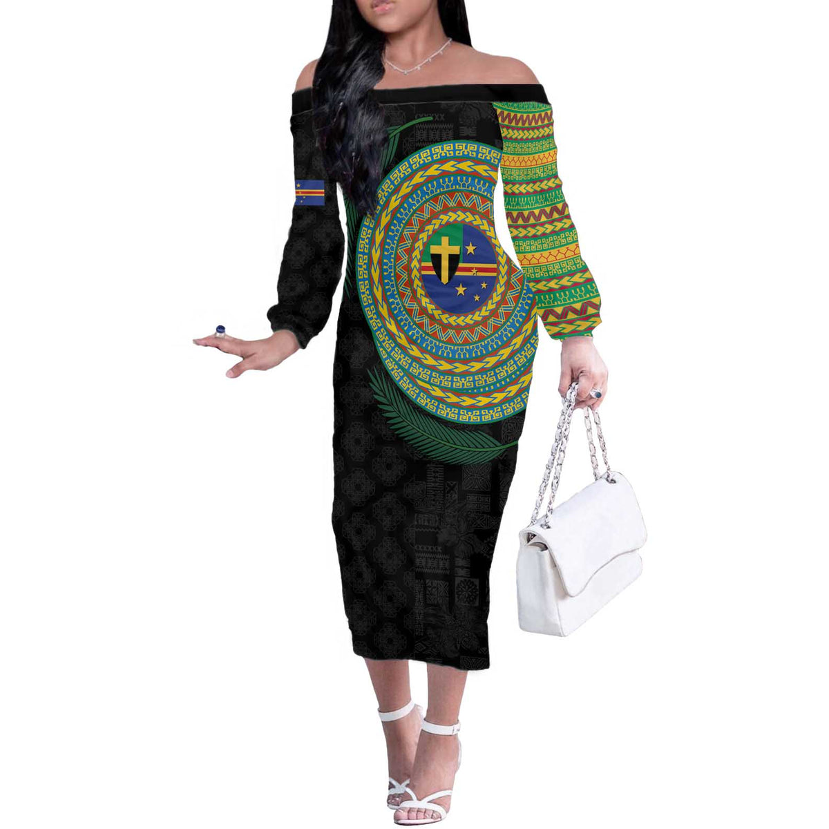 Tafea Tribal Tattoo with Namele Leaves Off The Shoulder Long Sleeve Dress