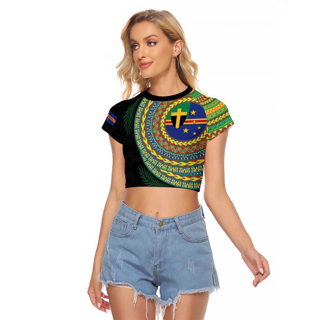Tafea Tribal Tattoo with Namele Leaves Raglan Cropped T Shirt LT03 Female Black - Polynesian Pride