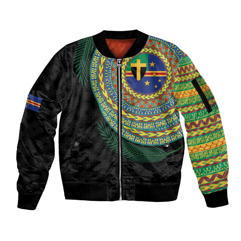 Tafea Tribal Tattoo with Namele Leaves Sleeve Zip Bomber Jacket