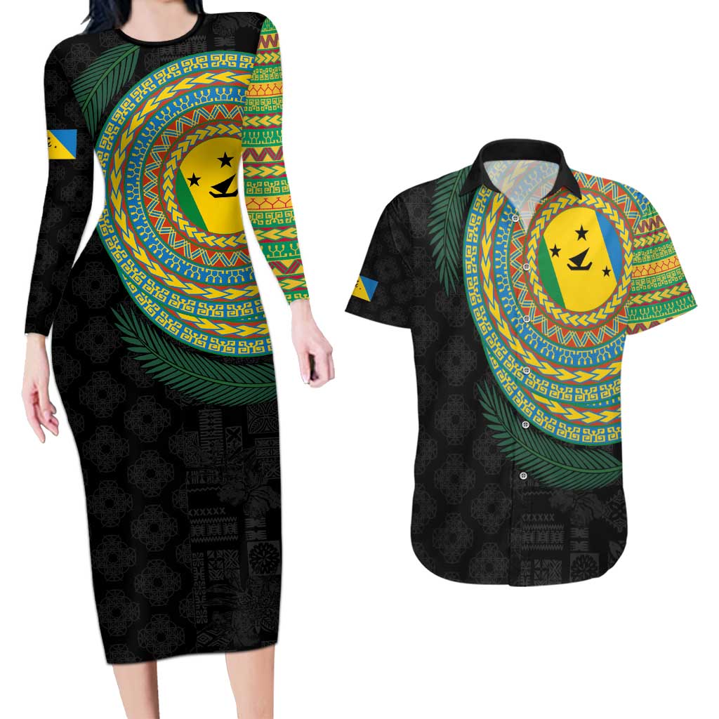 Malampa Tribal Tattoo with Namele Leaves Couples Matching Long Sleeve Bodycon Dress and Hawaiian Shirt