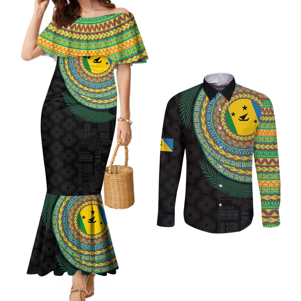 Malampa Tribal Tattoo with Namele Leaves Couples Matching Mermaid Dress and Long Sleeve Button Shirt