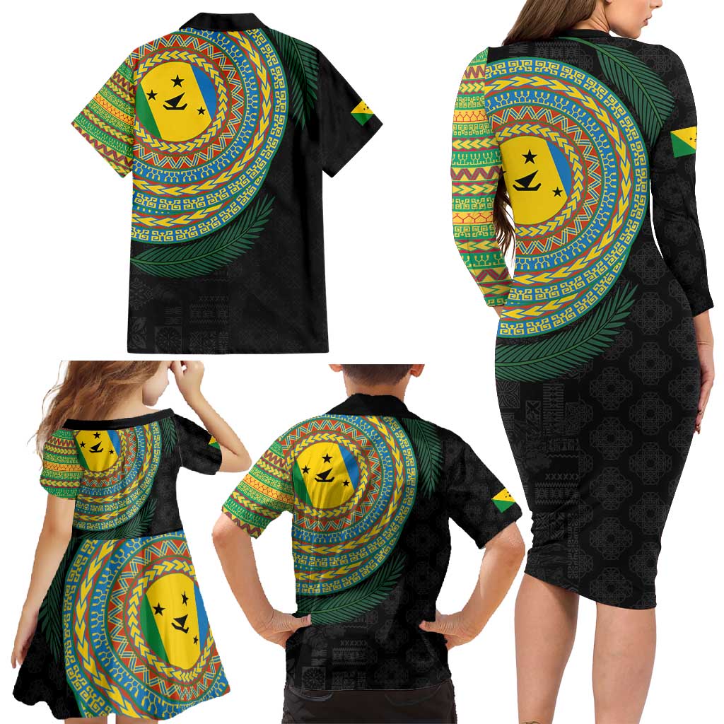 Malampa Tribal Tattoo with Namele Leaves Family Matching Long Sleeve Bodycon Dress and Hawaiian Shirt