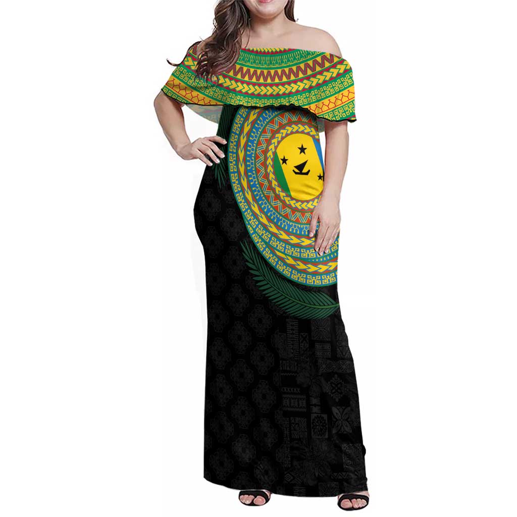 Malampa Tribal Tattoo with Namele Leaves Family Matching Off Shoulder Maxi Dress and Hawaiian Shirt