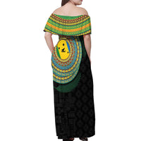 Malampa Tribal Tattoo with Namele Leaves Off Shoulder Maxi Dress