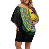 Malampa Tribal Tattoo with Namele Leaves Off Shoulder Short Dress
