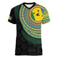 Malampa Tribal Tattoo with Namele Leaves Women V-Neck T-Shirt LT03 Female Black - Polynesian Pride