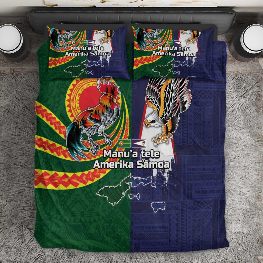 Manuʻa Islands and American Samoa Together Bedding Set Rooster and Eagle Mascot National Map and Flag Style