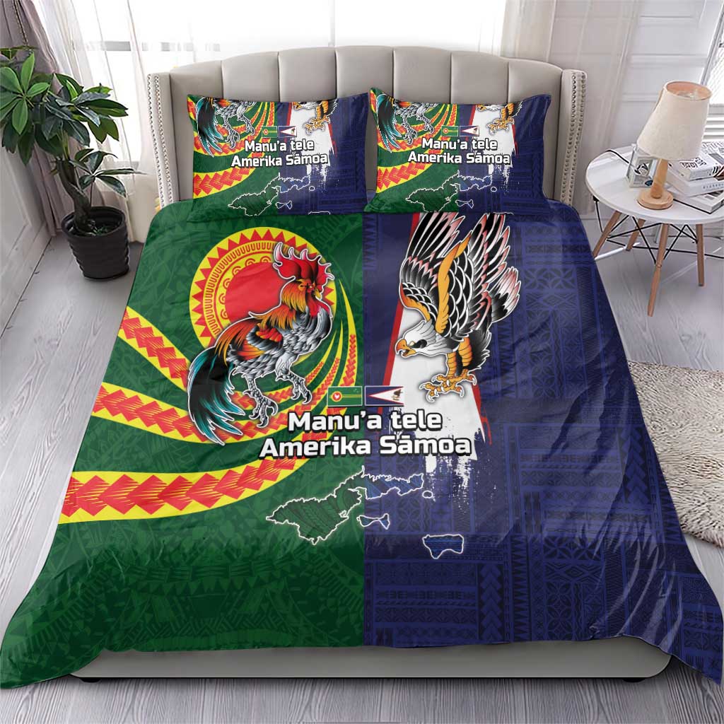 Manuʻa Islands and American Samoa Together Bedding Set Rooster and Eagle Mascot National Map and Flag Style