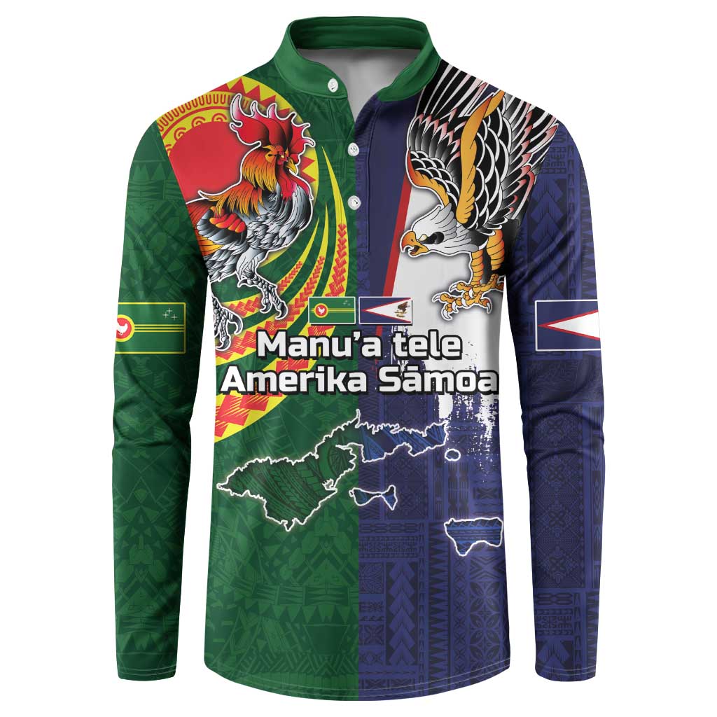 Manuʻa Islands and American Samoa Together Button Sweatshirt Rooster and Eagle Mascot National Map and Flag Style
