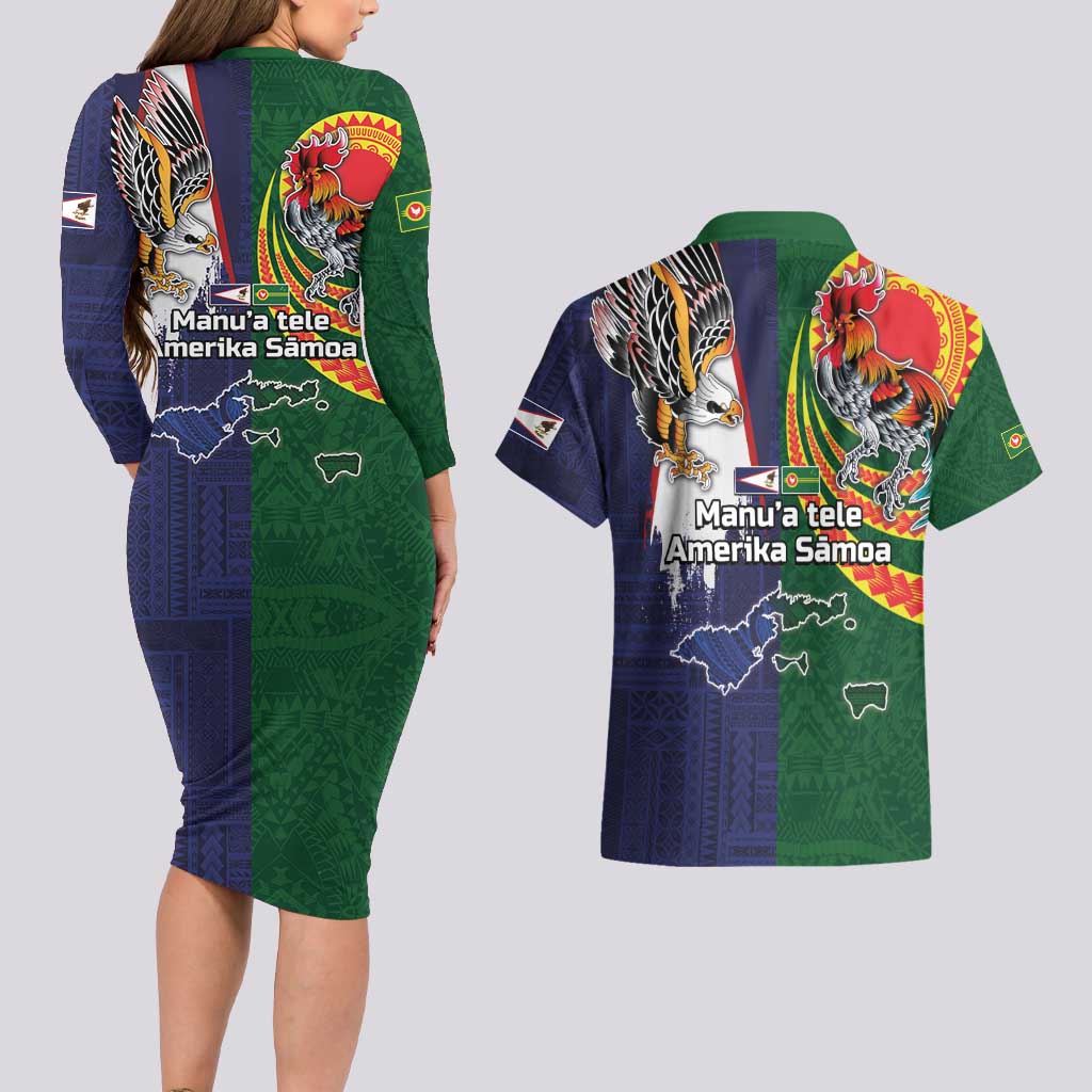 Manuʻa Islands and American Samoa Together Couples Matching Long Sleeve Bodycon Dress and Hawaiian Shirt Rooster and Eagle Mascot National Map and Flag Style
