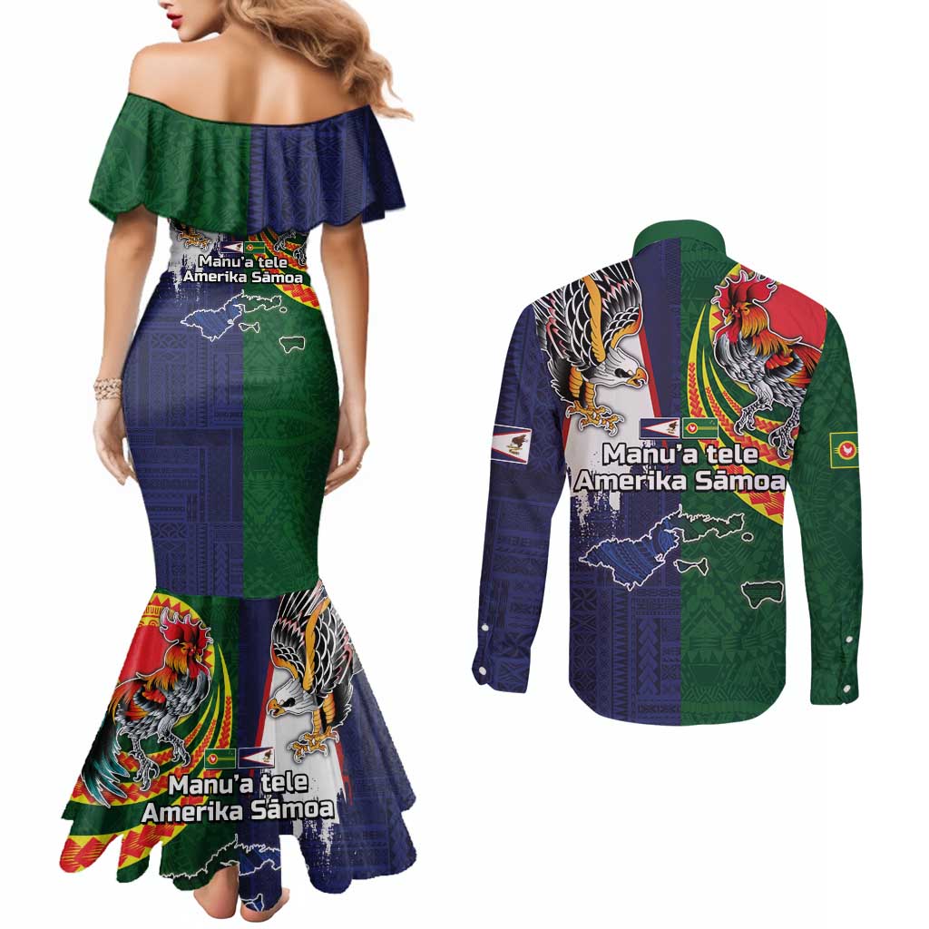 Manuʻa Islands and American Samoa Together Couples Matching Mermaid Dress and Long Sleeve Button Shirt Rooster and Eagle Mascot National Map and Flag Style
