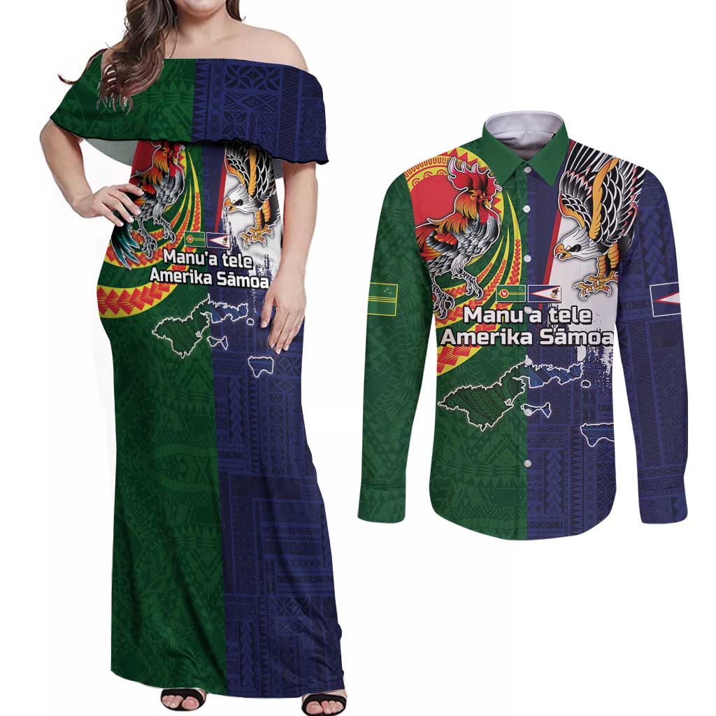 Manuʻa Islands and American Samoa Together Couples Matching Off Shoulder Maxi Dress and Long Sleeve Button Shirt Rooster and Eagle Mascot National Map and Flag Style