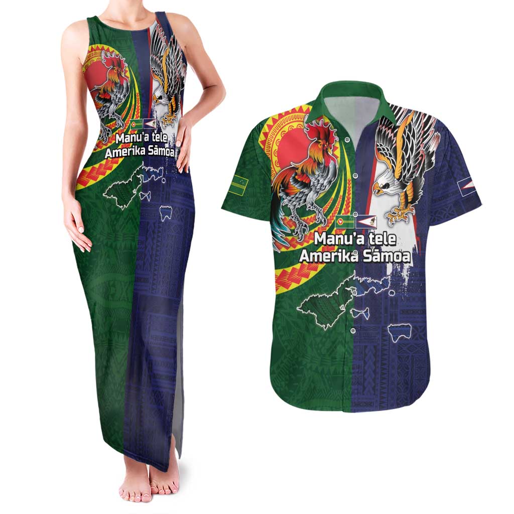 Manuʻa Islands and American Samoa Together Couples Matching Tank Maxi Dress and Hawaiian Shirt Rooster and Eagle Mascot National Map and Flag Style