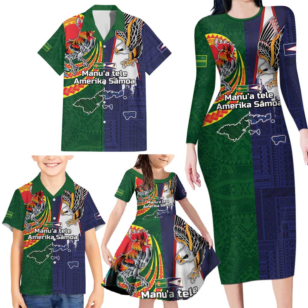 Manuʻa Islands and American Samoa Together Family Matching Long Sleeve Bodycon Dress and Hawaiian Shirt Rooster and Eagle Mascot National Map and Flag Style