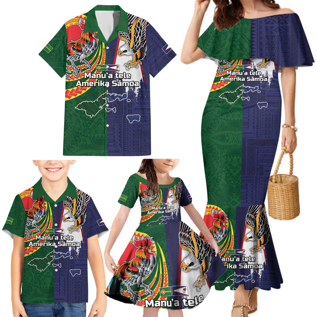 Manuʻa Islands and American Samoa Together Family Matching Mermaid Dress and Hawaiian Shirt Rooster and Eagle Mascot National Map and Flag Style