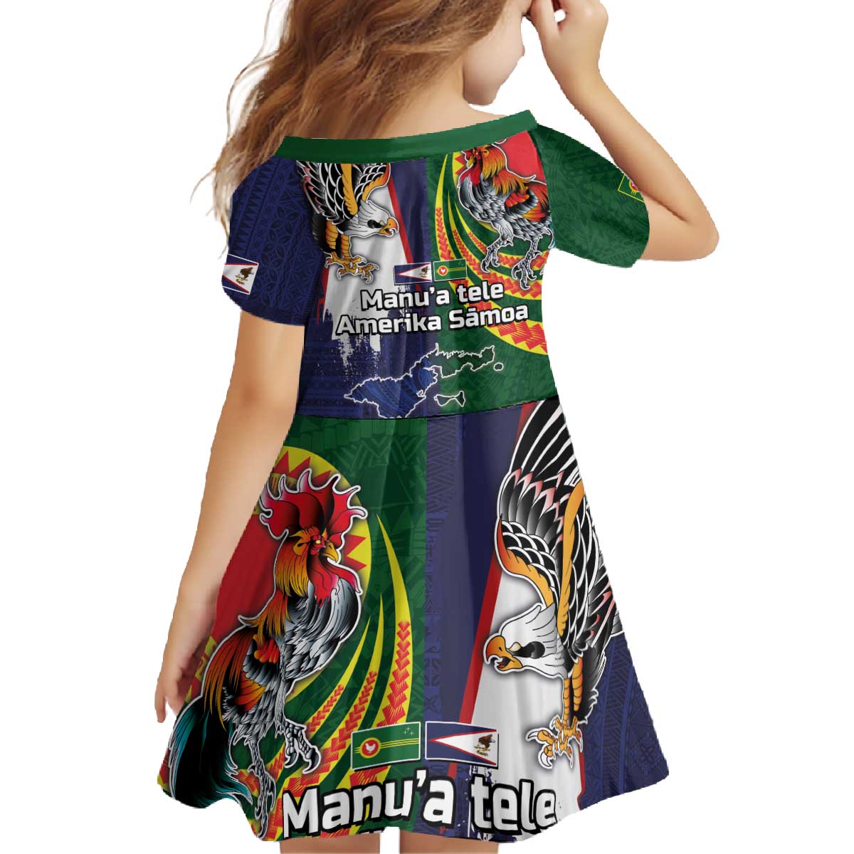 Manuʻa Islands and American Samoa Together Family Matching Off The Shoulder Long Sleeve Dress and Hawaiian Shirt Rooster and Eagle Mascot National Map and Flag Style