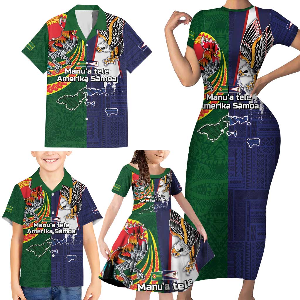 Manuʻa Islands and American Samoa Together Family Matching Short Sleeve Bodycon Dress and Hawaiian Shirt Rooster and Eagle Mascot National Map and Flag Style
