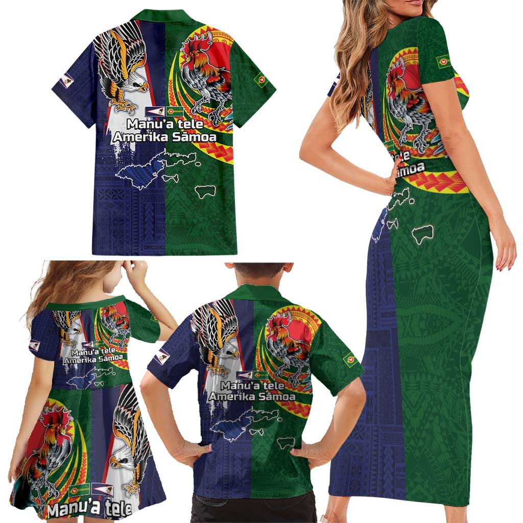 Manuʻa Islands and American Samoa Together Family Matching Short Sleeve Bodycon Dress and Hawaiian Shirt Rooster and Eagle Mascot National Map and Flag Style
