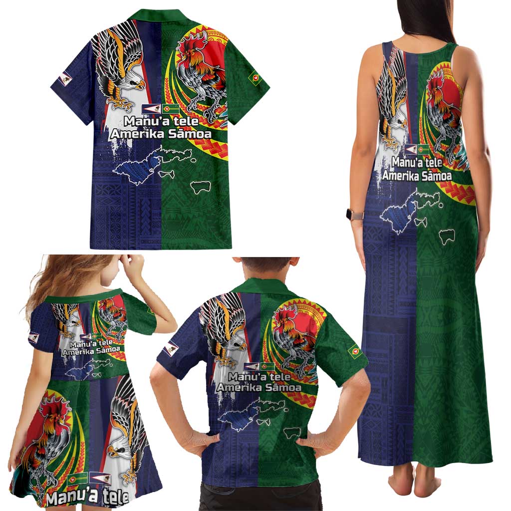 Manuʻa Islands and American Samoa Together Family Matching Tank Maxi Dress and Hawaiian Shirt Rooster and Eagle Mascot National Map and Flag Style