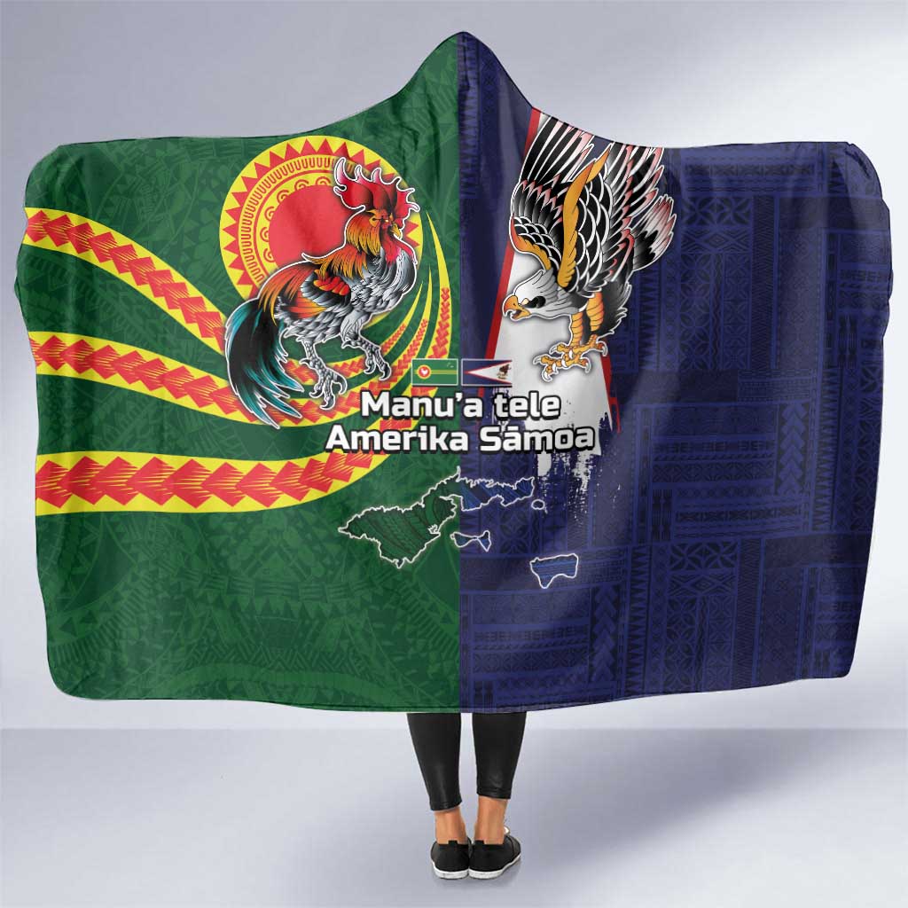 Manuʻa Islands and American Samoa Together Hooded Blanket Rooster and Eagle Mascot National Map and Flag Style