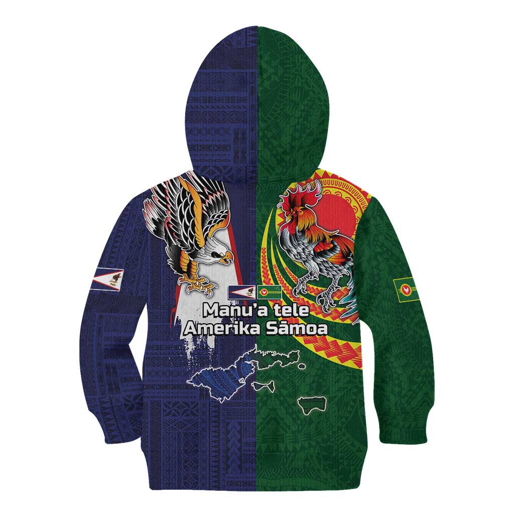 Manuʻa Islands and American Samoa Together Kid Hoodie Rooster and Eagle Mascot National Map and Flag Style