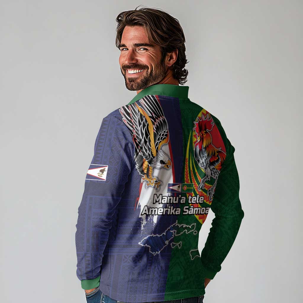 Manuʻa Islands and American Samoa Together Long Sleeve Polo Shirt Rooster and Eagle Mascot National Map and Flag Style