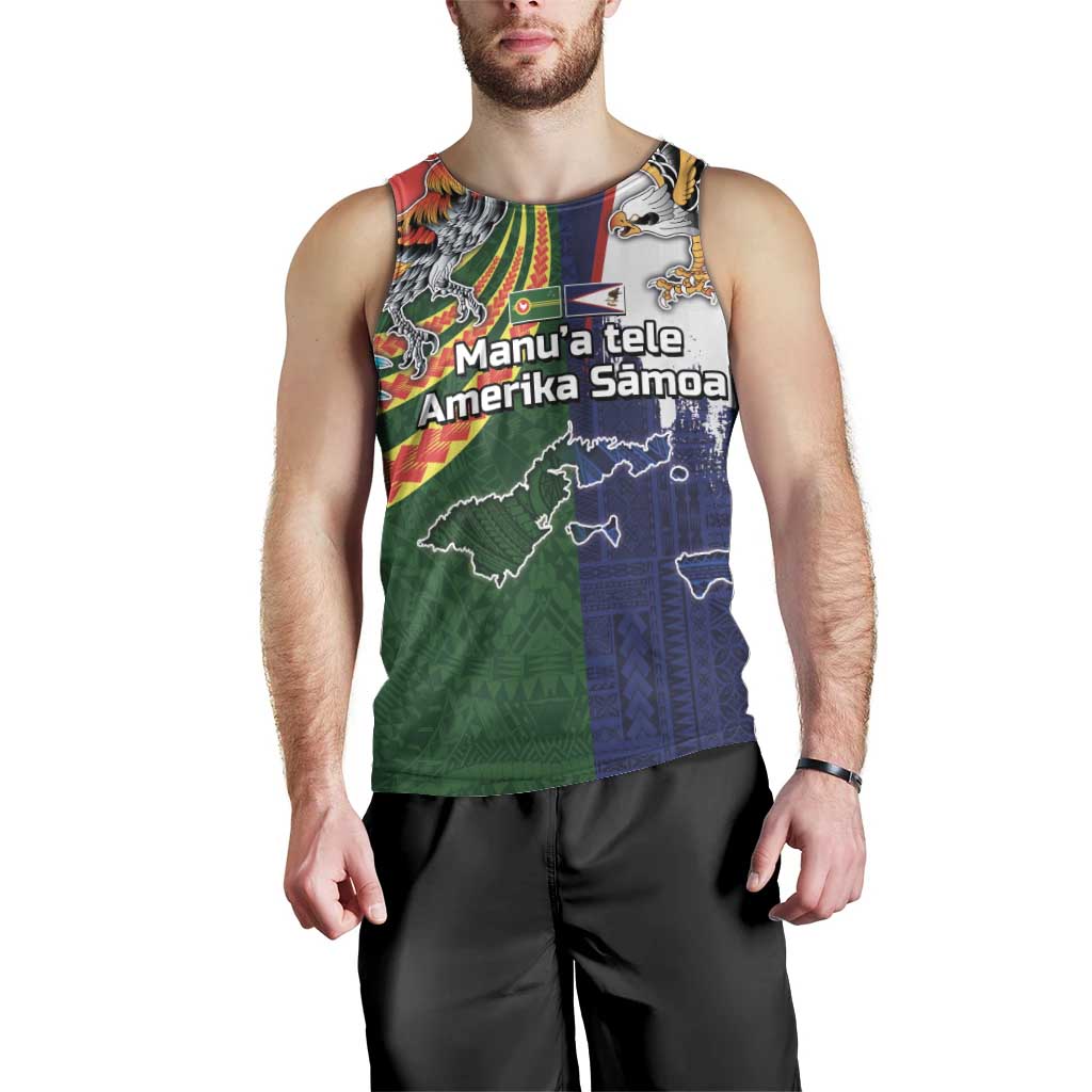 Manuʻa Islands and American Samoa Together Men Tank Top Rooster and Eagle Mascot National Map and Flag Style
