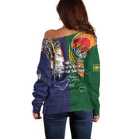 Manuʻa Islands and American Samoa Together Off Shoulder Sweater Rooster and Eagle Mascot National Map and Flag Style