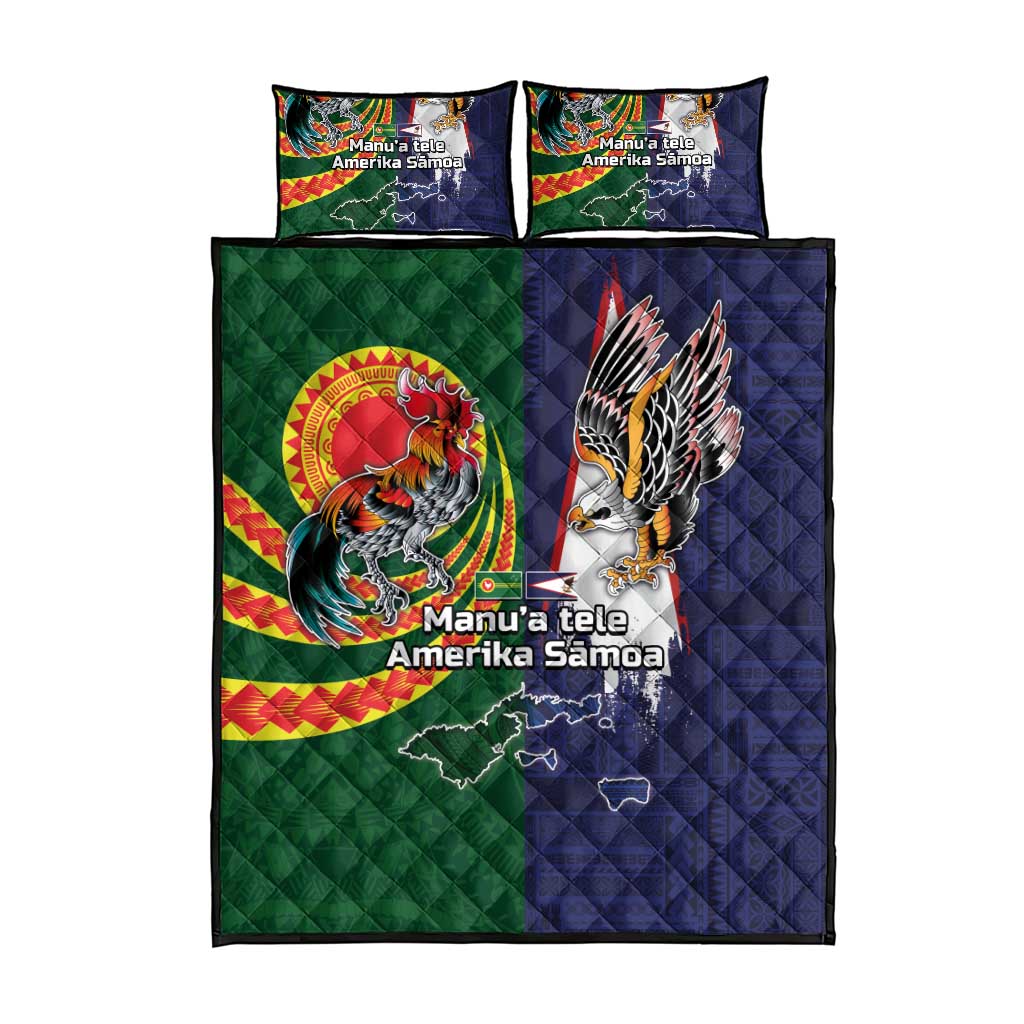 Manuʻa Islands and American Samoa Together Quilt Bed Set Rooster and Eagle Mascot National Map and Flag Style