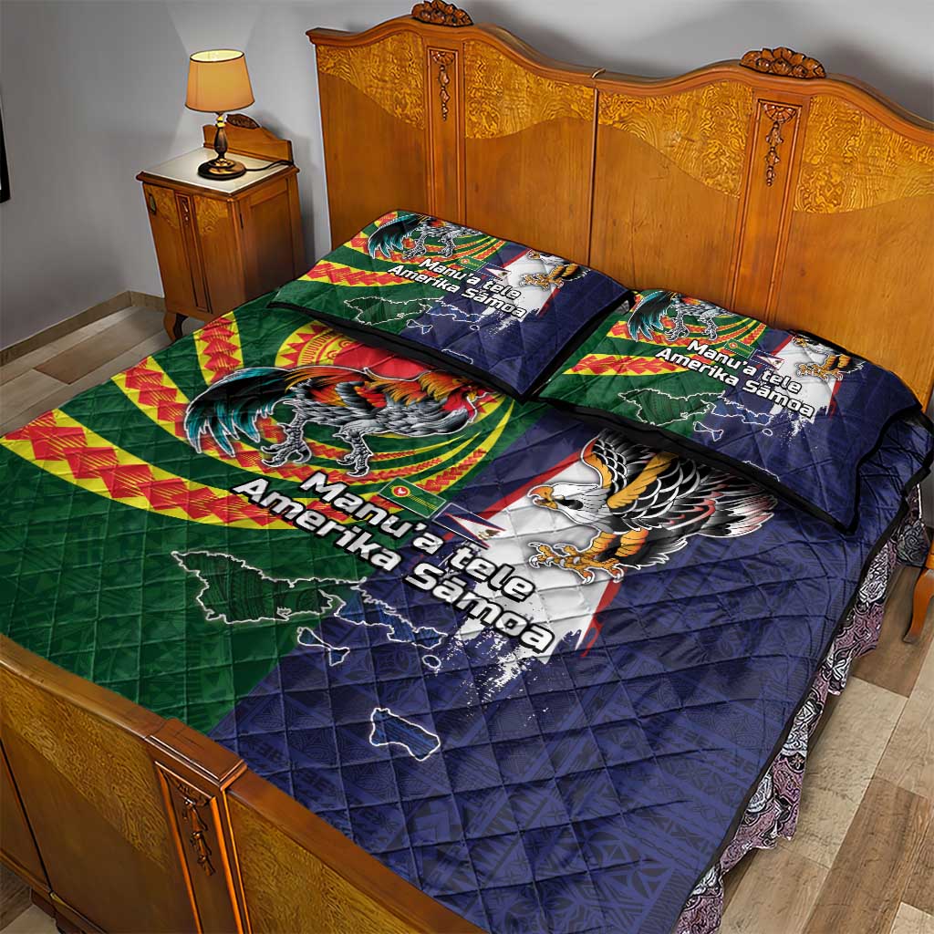 Manuʻa Islands and American Samoa Together Quilt Bed Set Rooster and Eagle Mascot National Map and Flag Style