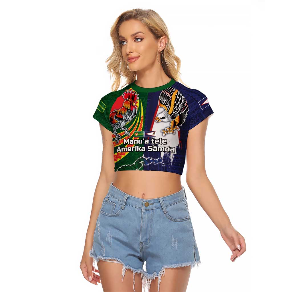Manuʻa Islands and American Samoa Together Raglan Cropped T Shirt Rooster and Eagle Mascot National Map and Flag Style